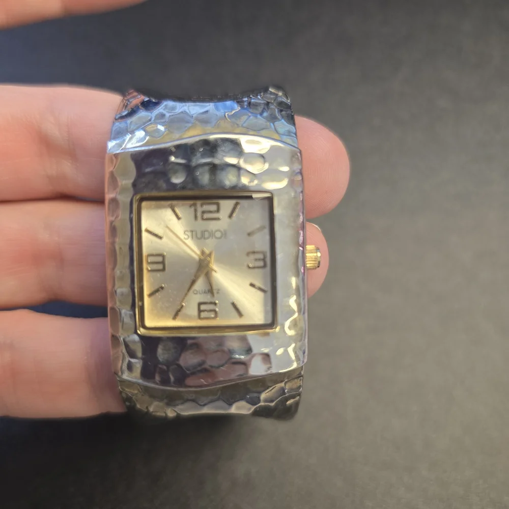 Studio Hammered Silver-Tone Cuff Watch with Gold Dial